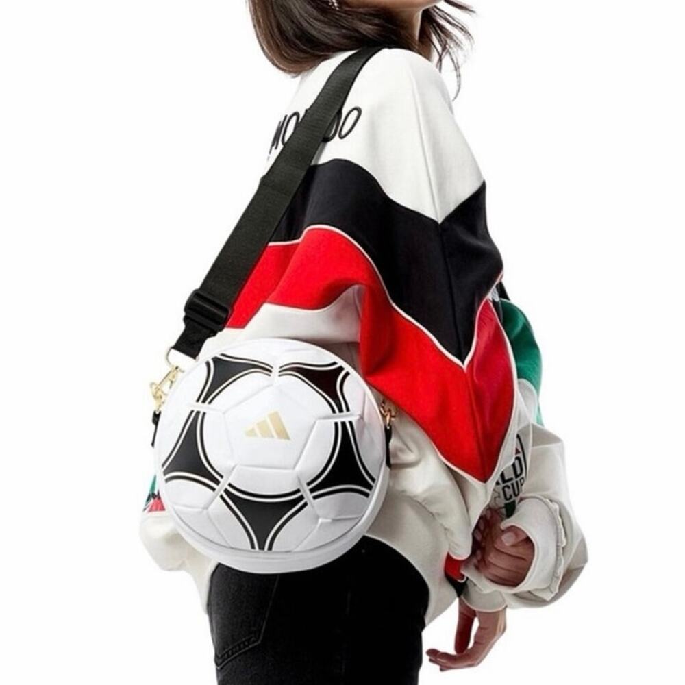 adidas White and Black Round Soccer Ball Crossbody Bag with Gold Logo